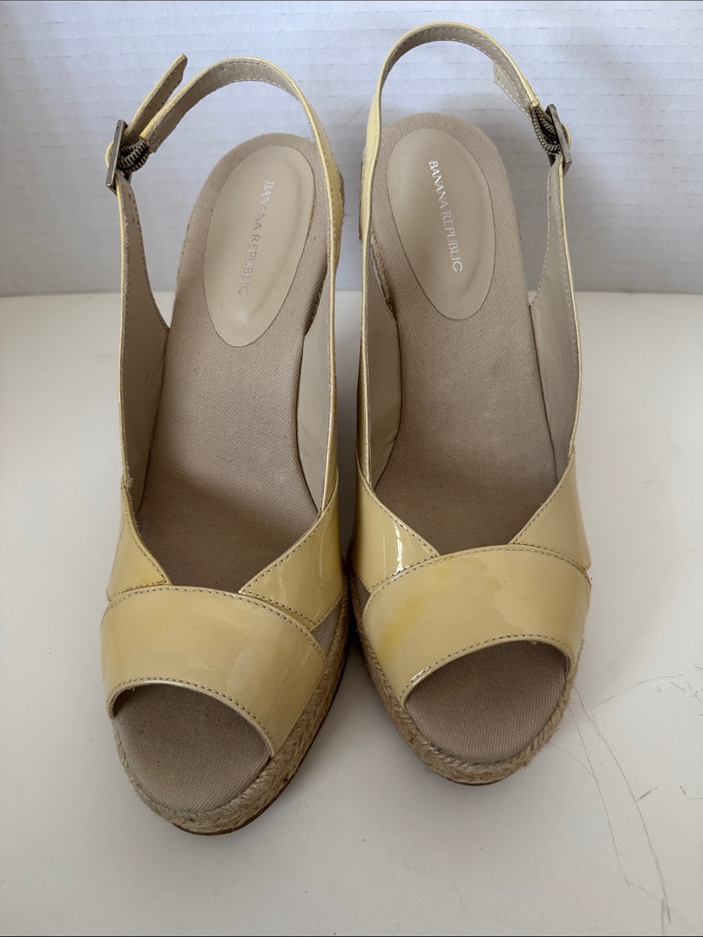 Banana Republic Pale Yellow Patent Espadrille Wedge Sandals